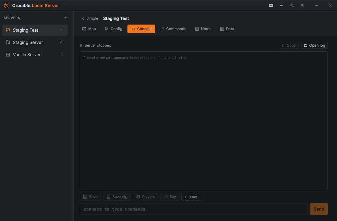 The Console tab in Crucible Local Server, streaming a live Rust server boot log over web-RCON with a connected status, quick action buttons and a command input