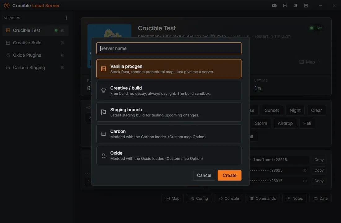 The Crucible Local Server create-server flow showing the preset picker with its five choices: Vanilla procgen, Creative / build, Staging branch, Carbon, and Oxide