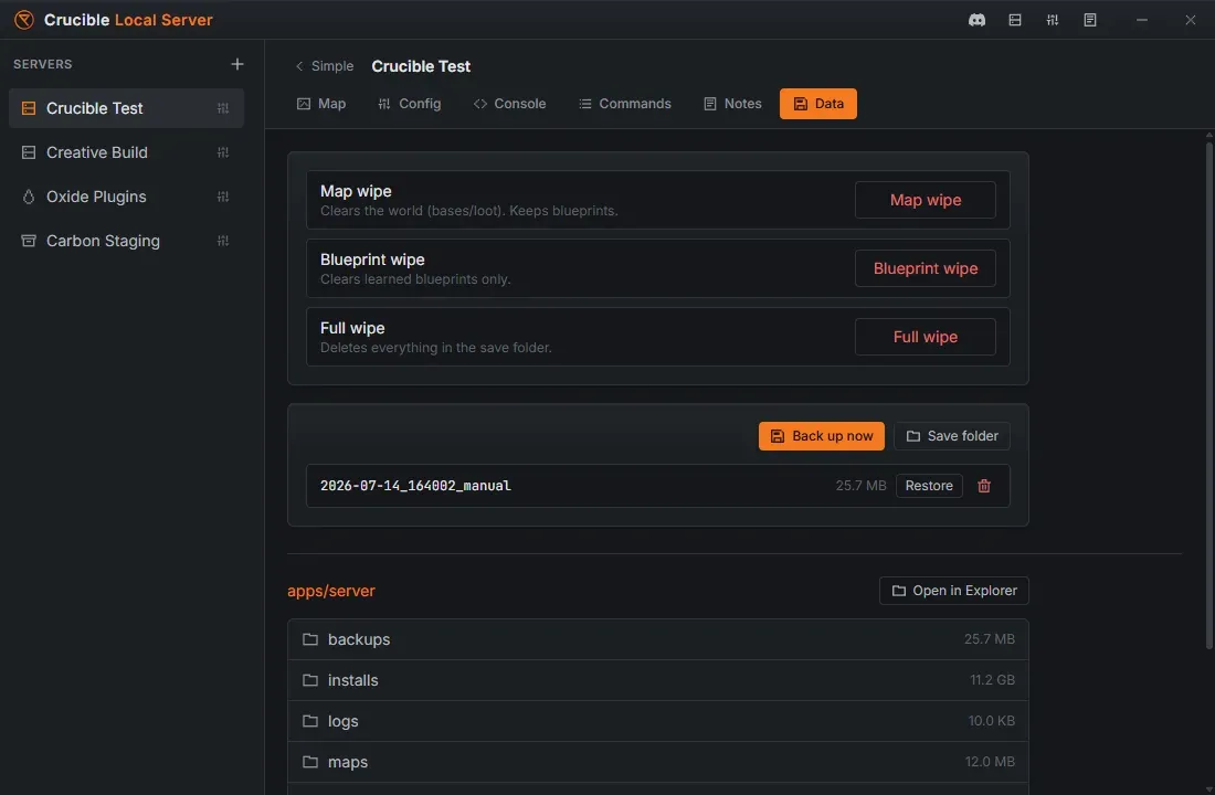 The Data tab in Crucible Local Server, showing map, blueprint and full wipe options, a backups list with a restore button, and the confined file browser with folder sizes