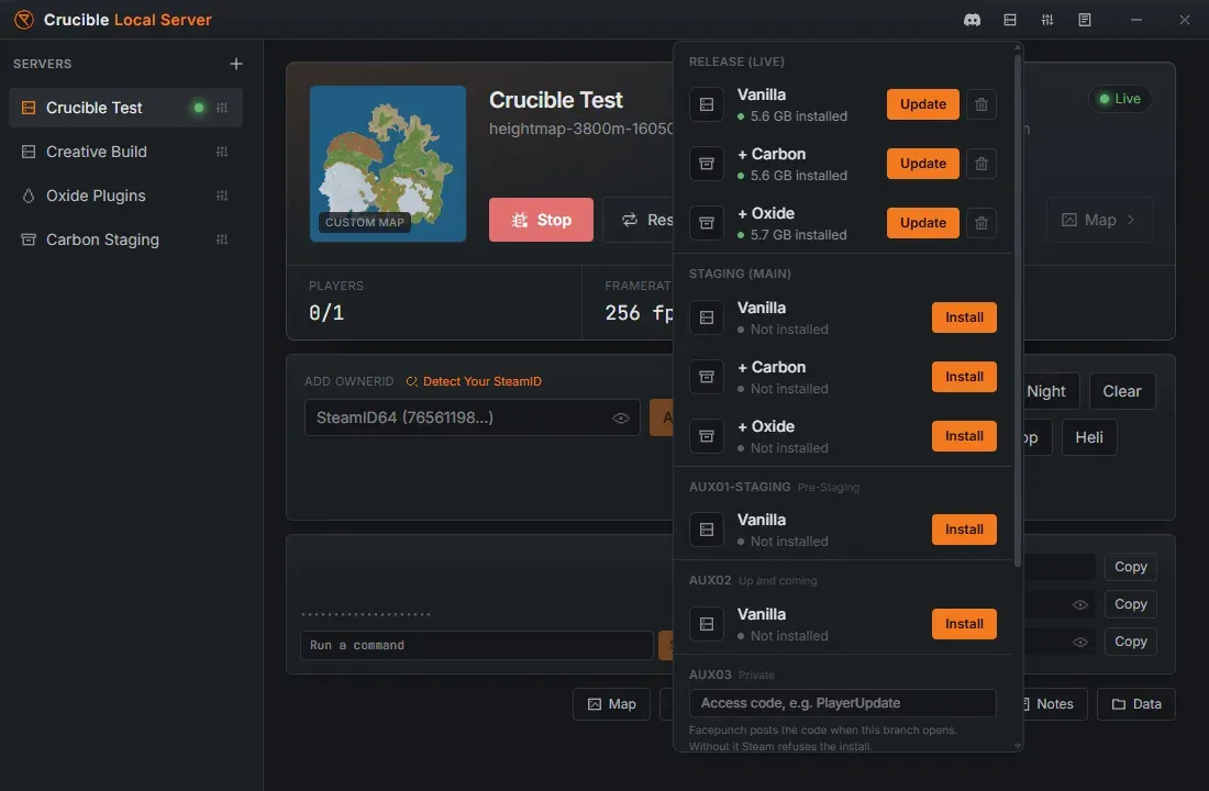 The Installs dropdown in Crucible Local Server, listing the release branch with vanilla, Carbon and Oxide installs and their sizes, the staging branch, and the aux dev branches