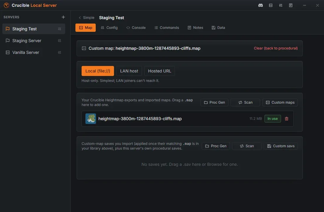 The Crucible Local Server Map tab showing the maps library and custom-map delivery options