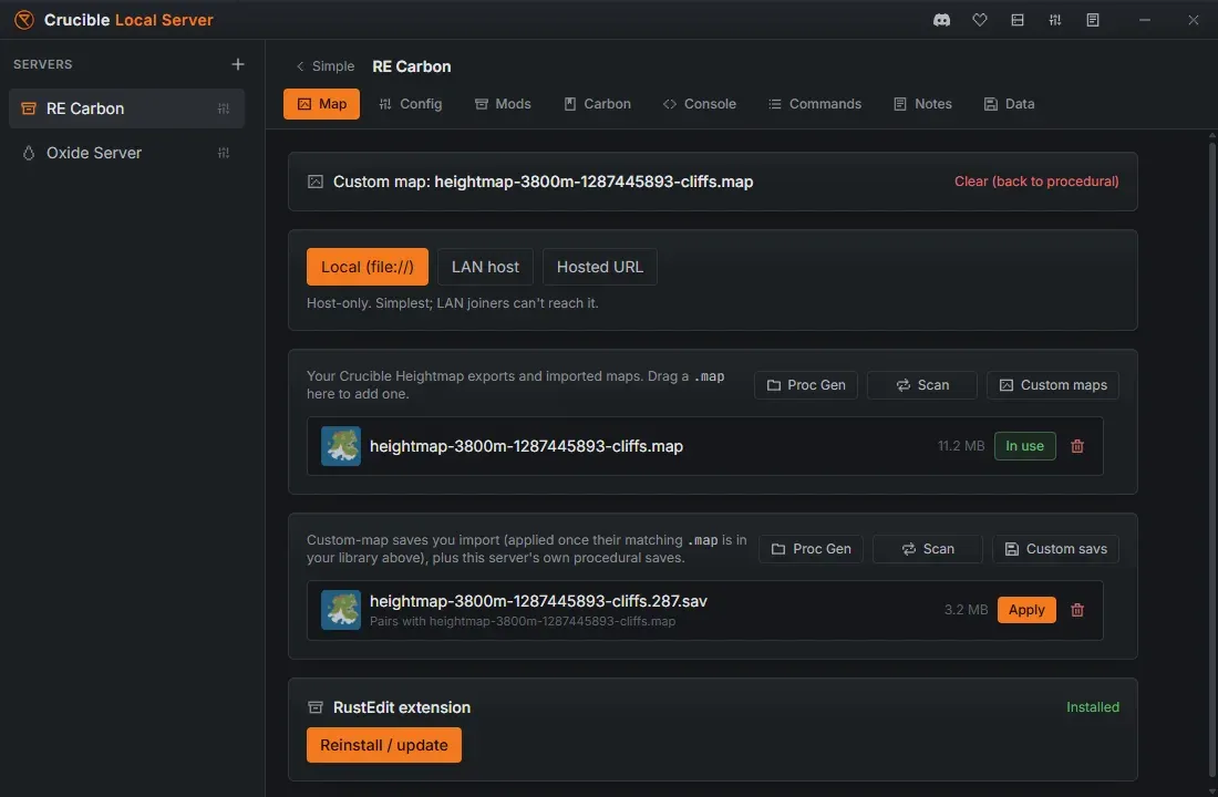 The Crucible Local Server Map tab showing the maps library and custom-map delivery options
