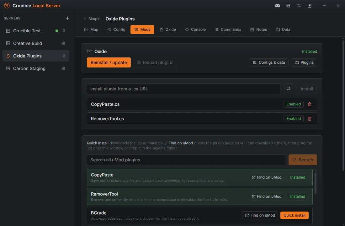 The Crucible Local Server Mods tab showing the Carbon install controls and the plugin browser