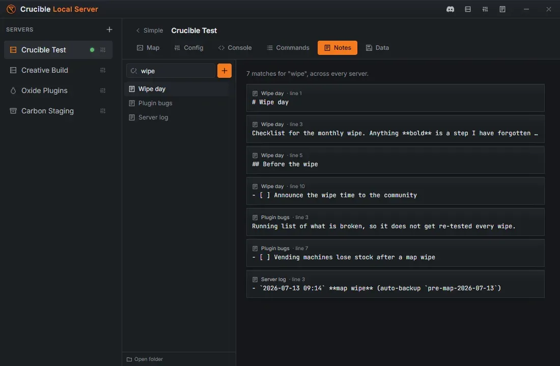 Search results in Crucible Local Server notes, showing matches for a search term across pages, with the page name and line number for each hit
