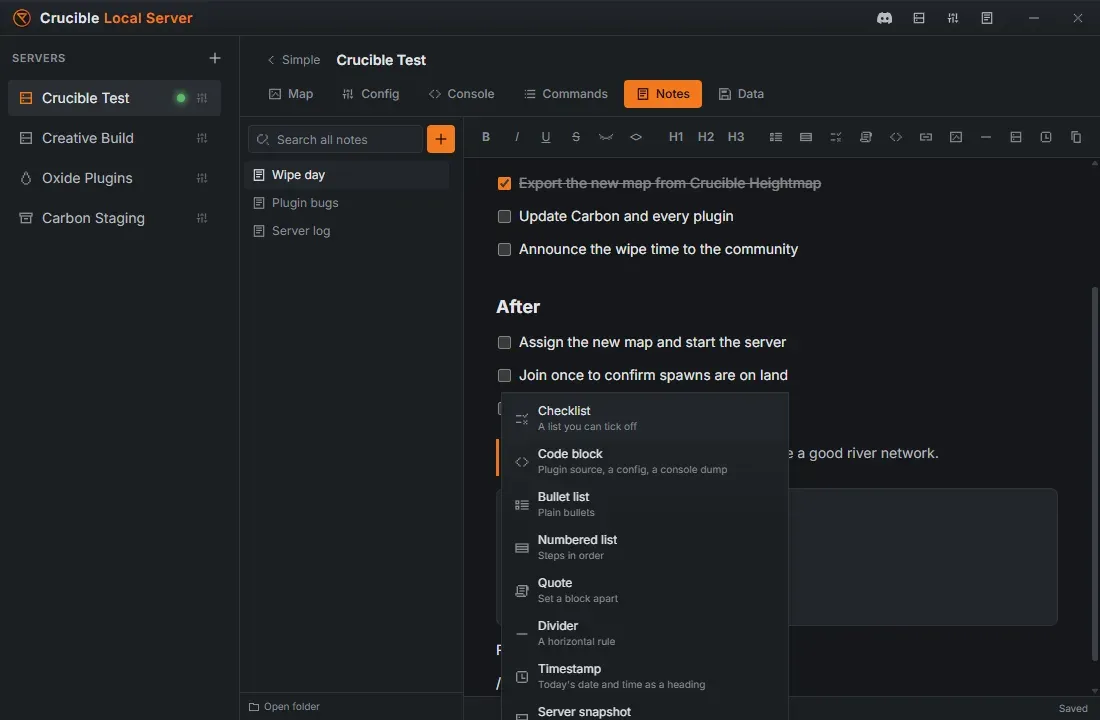 The slash menu open in a Crucible Local Server note, listing block options including checklist, code block, quote, divider, timestamp and server snapshot
