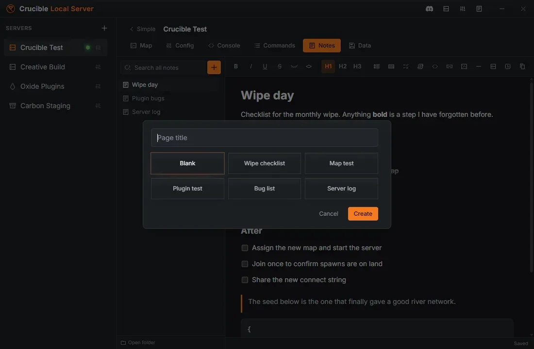 The new-page dialog in Crucible Local Server, showing the six page templates: Blank, Wipe checklist, Map test, Plugin test, Bug list and Server log