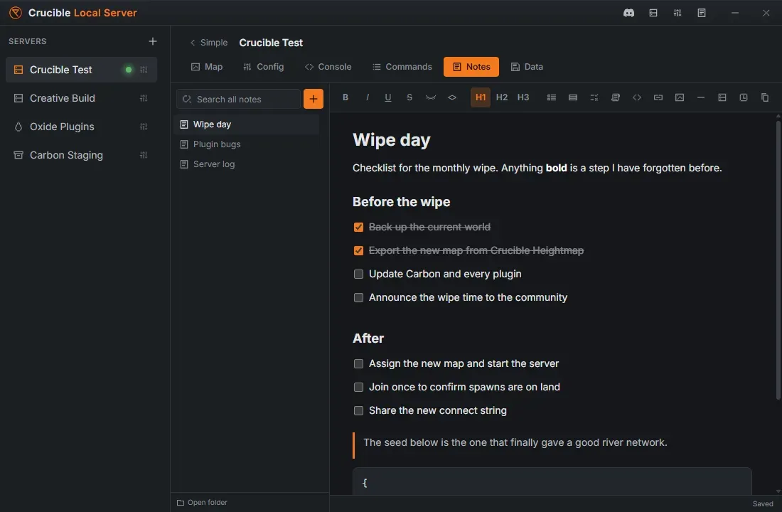 The Notes tab in Crucible Local Server, showing a wipe-day checklist page with ticked checkboxes, a quote and a JSON code block, next to the page list