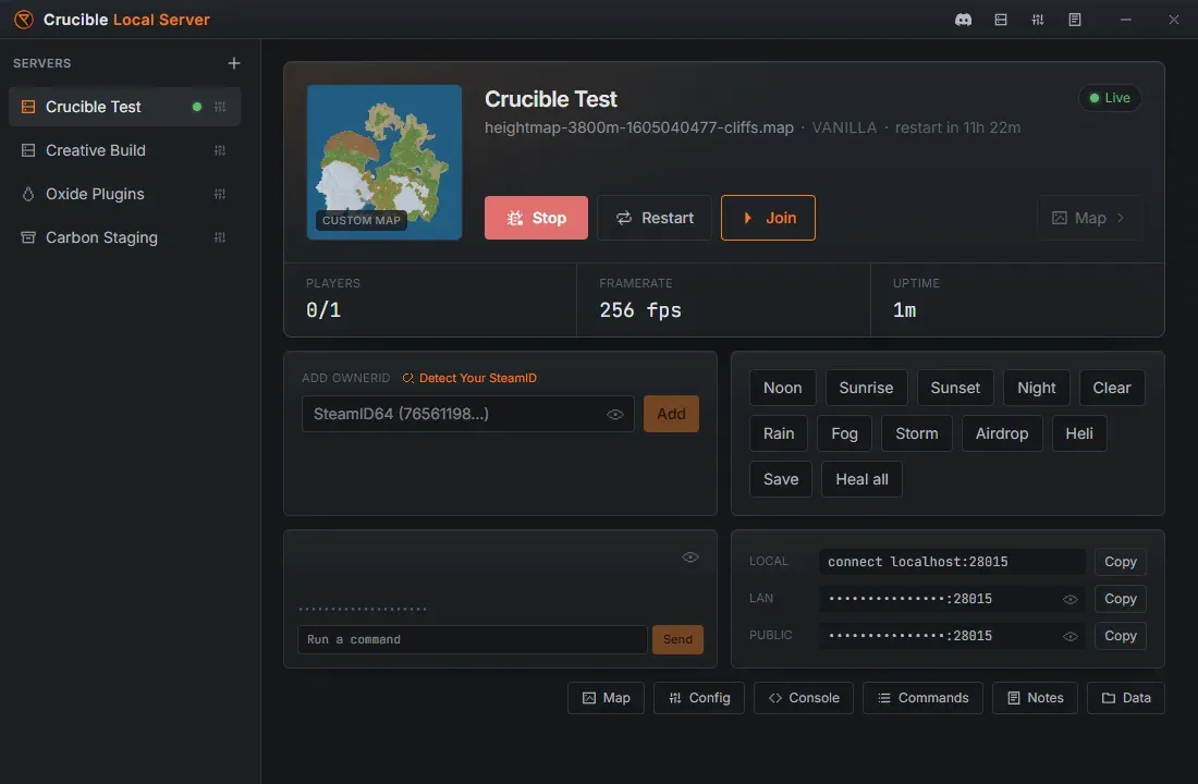 Crucible Local Server Quick view showing a top-down Rust map preview, a Start server button, and live server stats
