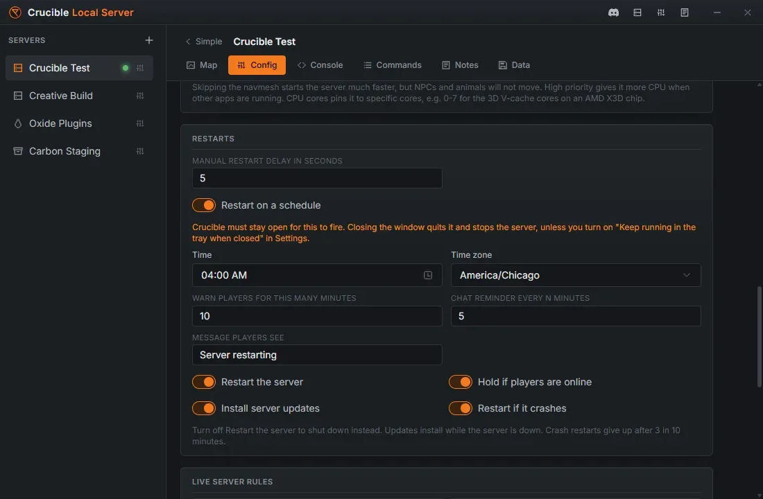 The Restarts section of the Config tab in Crucible Local Server, with a daily schedule, a time zone, a player warning, chat reminders, and toggles for updating on restart, holding while players are online, and restarting after a crash