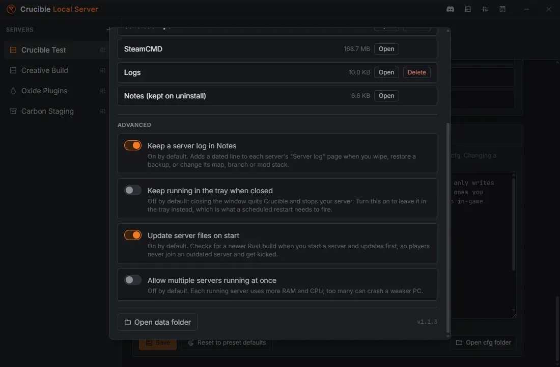 The Crucible Local Server settings panel, showing disk usage for server installs, maps, saves, backups, SteamCMD, logs and notes, and the toggles for the notes journal, keeping the app in the tray, updating server files on start, and running multiple servers at once