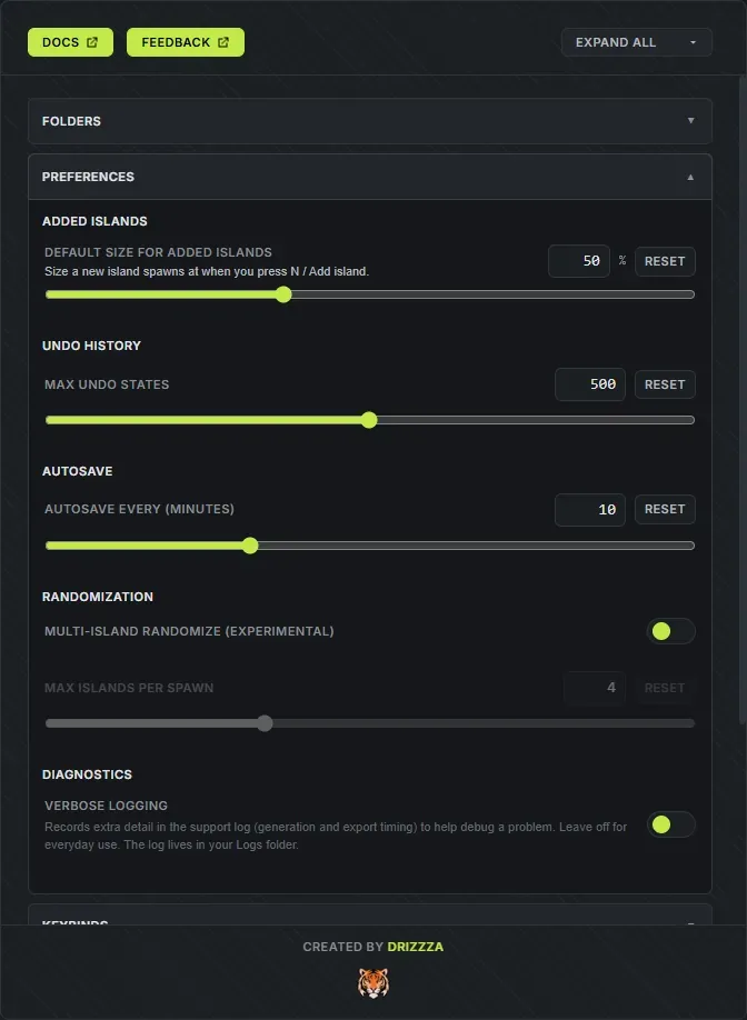 The Crucible Heightmap Settings dialog with the Preferences section expanded, showing added island size, undo history, autosave and randomization options