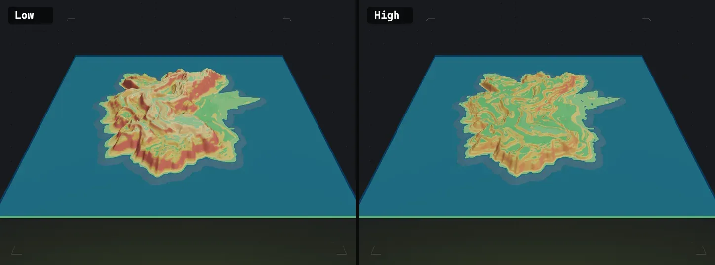 Buildable slider comparison in Crucible Heightmap: low gives wild vertical terrain, high gives more flat base-friendly ground