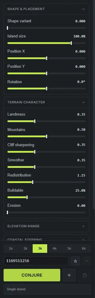 The Crucible Heightmap sidebar showing the Shape and Placement and Terrain Character slider groups, the map size selector and the seed field