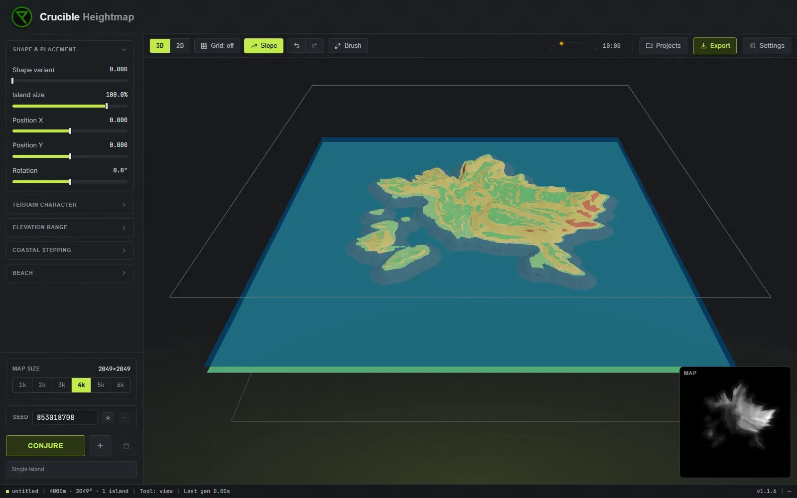 The slope view in Crucible Heightmap highlighting steep, unbuildable terrain in warm colors and flat ground in green