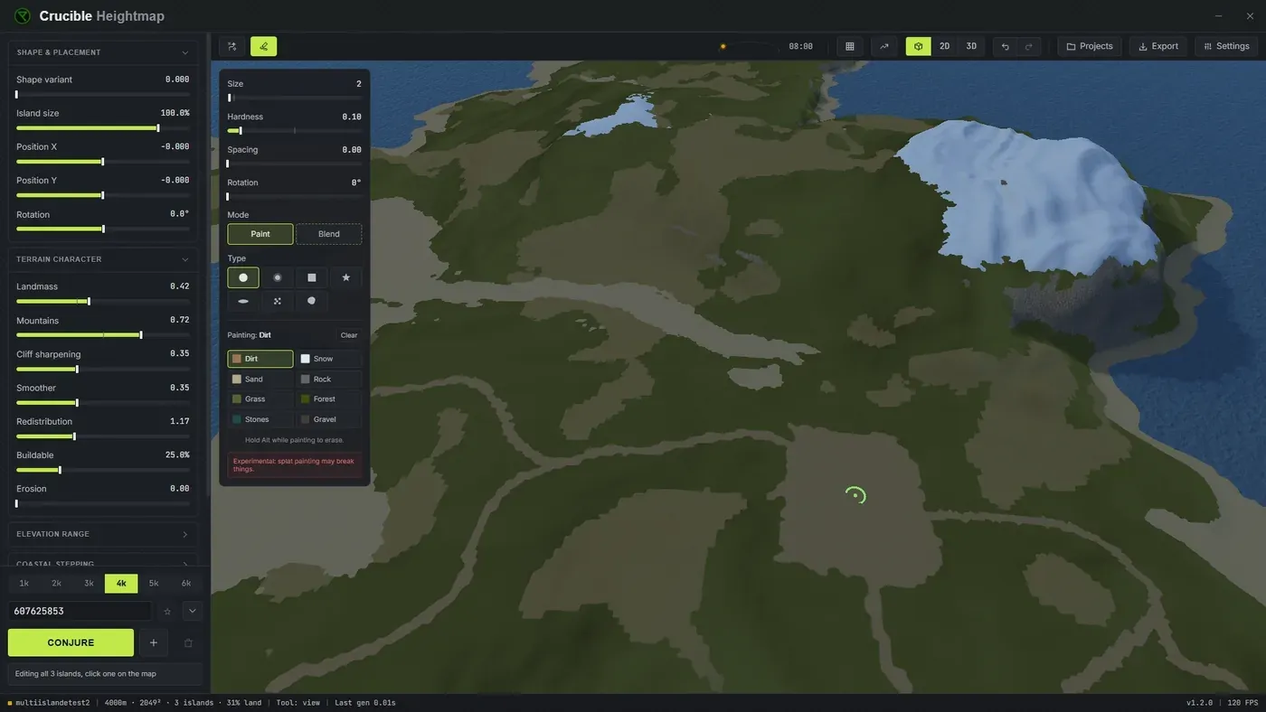 A Rust island in Crucible Heightmap with hand-painted ground textures, sand, rock, forest and a snow cap, shown as splats in the live 3D preview