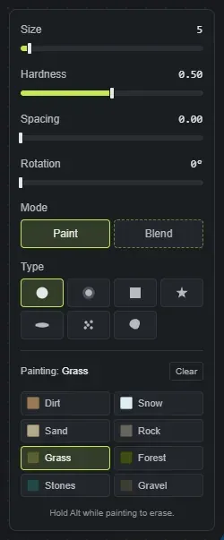 The Crucible Heightmap splat dock: Size, Hardness, Spacing and Rotation sliders, the Paint and Blend modes, the seven brush types, and the eight Rust ground textures with Grass selected