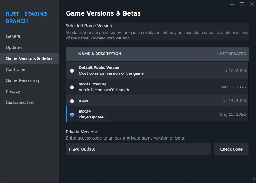 The Game Versions and Betas tab with an aux04 branch selected and an access code entered in the Private Versions field