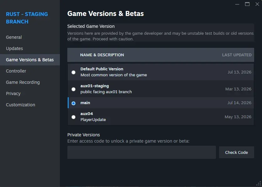 The Game Versions and Betas tab in Rust's Steam properties, with staging main selected from a list that includes the default public version and aux branches