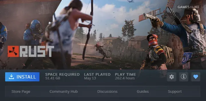 The Rust page in Steam with the Install button, ready to download the selected staging build