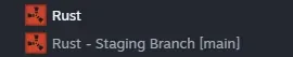 The Steam library showing Rust and a Rust Staging Branch main entry