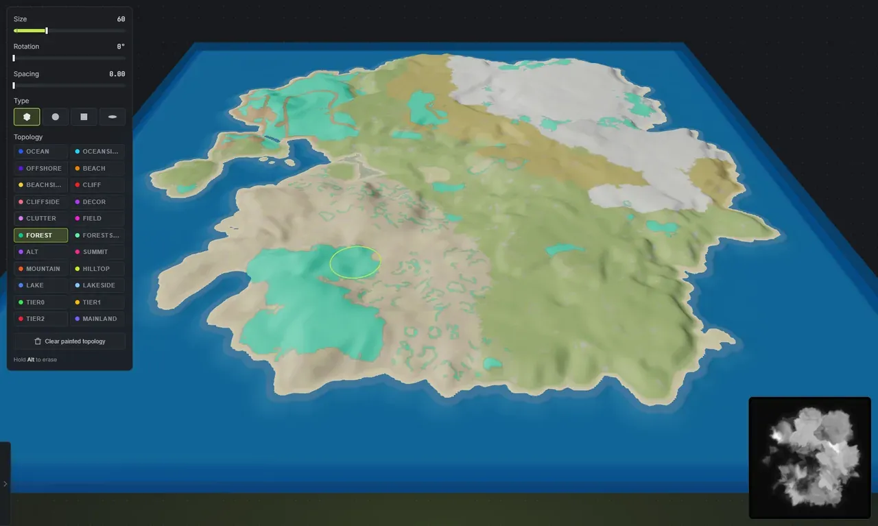 Painting the Forest topology layer onto a Rust custom map in Crucible Heightmap, the topology brush dock showing all 22 Rust topology layers with Forest selected and a teal forest stroke painted across the terrain
