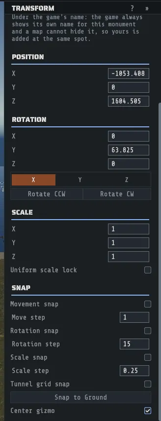 A monument selected, with the TRANSFORM inspector scrolled to its lower half: position, rotation, scale and the snap rows