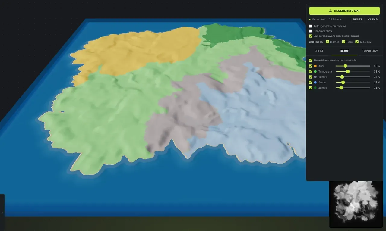 A Rust map in Crucible Heightmap with the biome overlay on, showing arid, temperate, tundra, arctic and jungle regions in distinct colours next to the Worldgen biome panel
