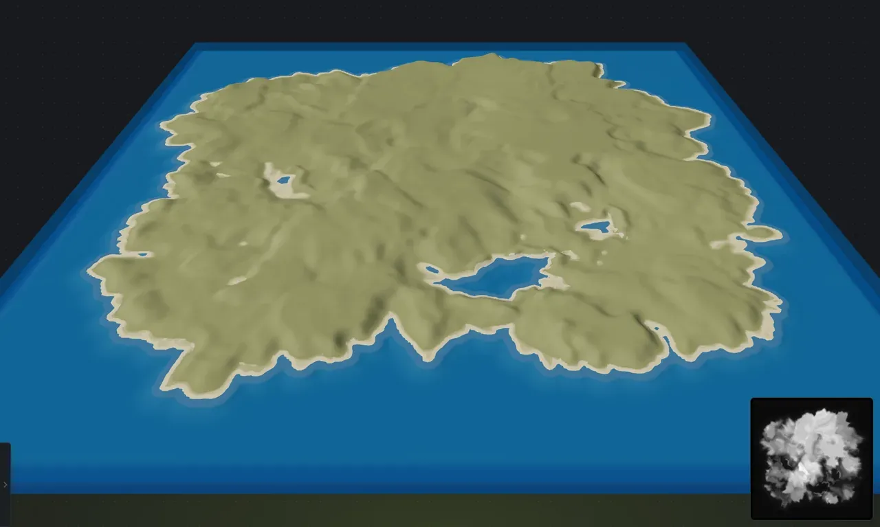 A Rust custom map in Crucible Heightmap before worldgen, showing bare terrain with a plain grass surface and a sand shoreline and no biomes or forests
