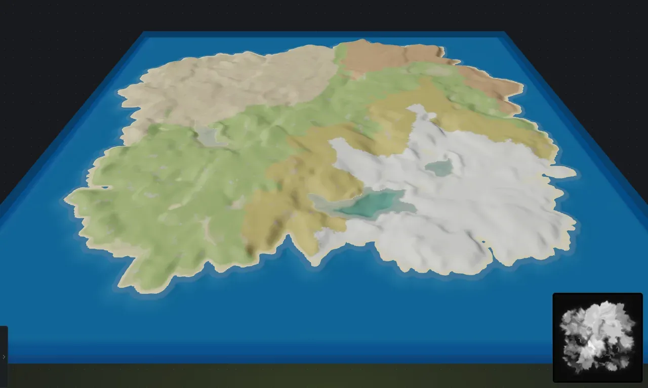 The same Rust custom map after worldgen, showing arid desert, green temperate land, an arctic snow region, forest stands and beaches derived from the terrain