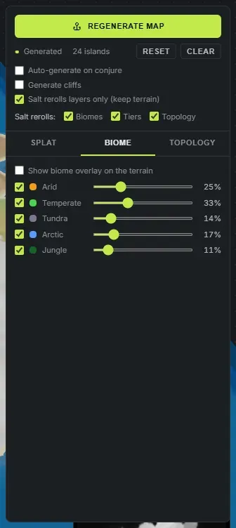 The biome tab of the Worldgen panel in Crucible Heightmap, showing the Arid, Temperate, Tundra, Arctic and Jungle share sliders with their live percentages