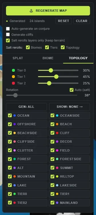 The Worldgen panel in Crucible Heightmap on the topology tab, showing the Regenerate map button, the generate cliffs and auto-generate options, the tier sliders and all 22 Rust topology layers