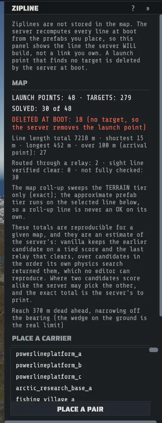 The Zipline panel with nothing selected: what ziplines the server will build from this map, how many solve, and how many launch points it will delete at boot