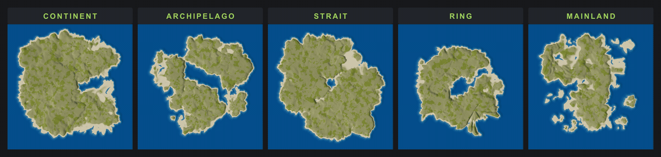 Animated grid of the five Crucible Heightmap full-map styles side by side, Continent, Archipelago, Strait, Ring, and Mainland, each cycling through several generated Rust maps